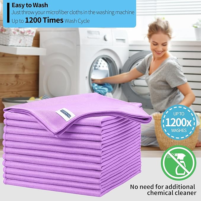 HOMERHYME Microfiber Cleaning Cloth, 12 Pack Window Glasses Cleaning Cloth, Reusable Lint-Free Streak Free Polishing Cloth Wipes for Stainless Steel, Eyeglass, Mirror, Screen & Lense,12"*12" Purple