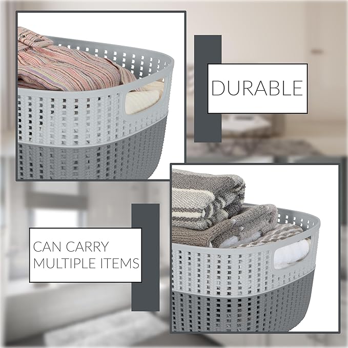 Simplify 2 Tone Sailor Knot Plastic Storage Tote | Decorative Basket | Closet Organization | De-clutter | Accessories | Toys | Bathroom Organization | Large | Grey/Grey