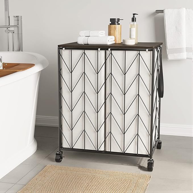 WOWLIVE Laundry Basket with Wheels, Heavy Duty Laundry Hamper with Wood Lid, Clothes Hamper with Divided Removable Liner Bag, Large Capacity Iron-Made Laundry Sorter Laundry Room Organization (Beige)