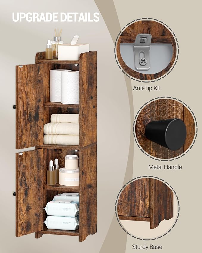 Bathroom Storage Cabinet, Small Corner Floor Cabinet with 2 Doors and Adjustable Shelf, Narrow Toilet Paper Cabinets, Bathroom Organizer for Small Spaces, 7.9"D x 7.9"W x 29.5"H Rustic Brown