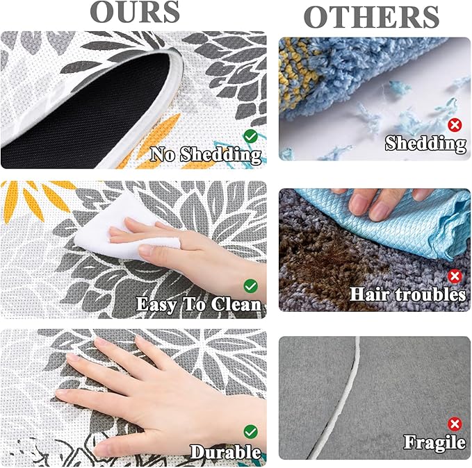 Vaukki Bathroom Rug Set 3 Piece, Non Slip Absorbent Rubber Backed Floral Bath Floor Mat Fit Under Door, Ultra Thin Quick Drying Bath Rug for Shower, Tub and Toilet, 17"x26"+17"x32"+17"x24"U, Grey