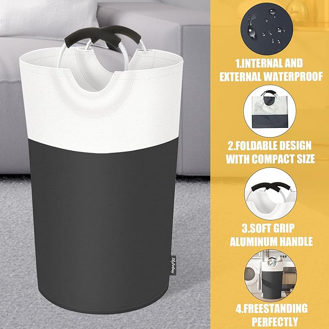 125L Laundry Basket, Collapsible Laundry Hamper with Padded Handles, Waterproof Laundry Bag, Tall Clothes Hamper Stand Up Well, Foldable Laundry Baskets for Easy Storage(Grey)