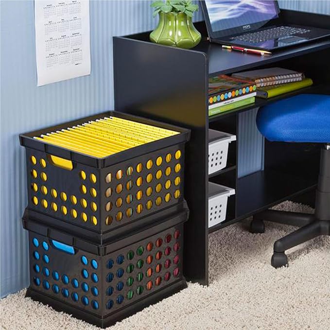 Sterilite Stackable Plastic Storage Crate Bin Organizer File Box with Handles for Home, Office, Dorm, Garage, or Utility Organization, Black, 18-Pack