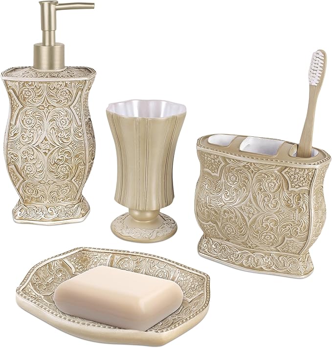 Creative Scents Victoria Beige Bathroom Accessories Set - Decorative Bathroom Accessory Set - 4 Piece Bathroom Set Features: Soap Dispenser, Toothbrush Holder, Tumbler, and Soap Dish