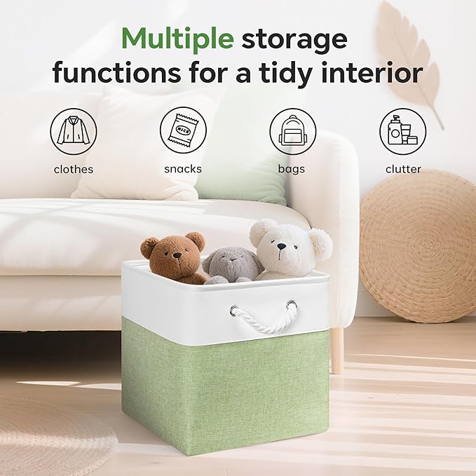13x13 Inch Cube Storage Bins with Reinforced Bottom Cardboard, 6 Pack Large Foldable Fabric Storage Cubes with Handles for Shelf, Closet, Laundry Organization (White&Green)