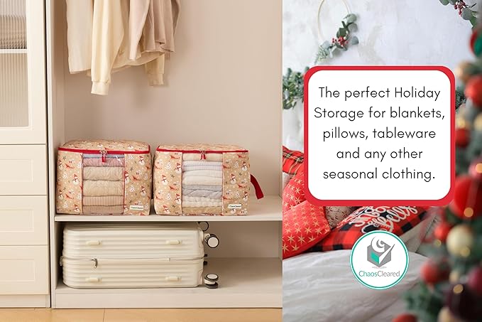 Chaos Cleared Canvas Storage Bags Designer Organizer 2 Pack – Seasonal Storage for Sweaters, Blankets, Linens & Garments – Foldable Design with Zip & Window, Moth-Proof Space Saver, Snowman Print