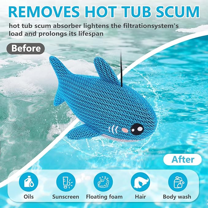 Hot Tub Scum Absorber Shark, 2PCS Reusable Hot Tub Oil Absorbing Floating Sponges for Spa/Pool, Hot Tub Scum Sponge Accessories to Soak Up Oils & Keep Water Clean