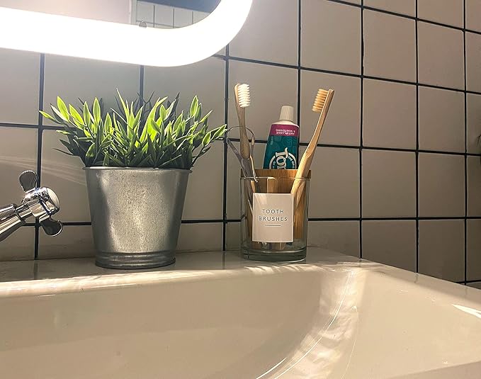 Glass Toothbrush and Toothpaste Holder with Bamboo Divider for Bathroom Countertop, Toothbrush Organizer Stand for Bathroom Vanity Countertops - 1 Pack