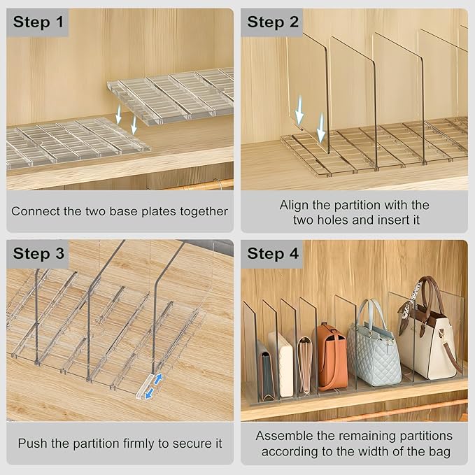 Bag & Purse Organizer for Closet: Adjustable Clear Handbag Storage Shelf - Plastic Clutch Dividers for Closet Organizers and Storage - Keep Carteras & Pocketbook Upright