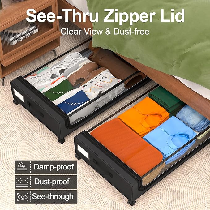 GoMaihe Under Bed Storage with Wheels: 48L Underbed Storage Containers with Clear Lids - Rolling Drawers & Bins for Shoes Clothes in Dorm Bedroom - Space-Saving Easy Pull-out Black 4-Pack