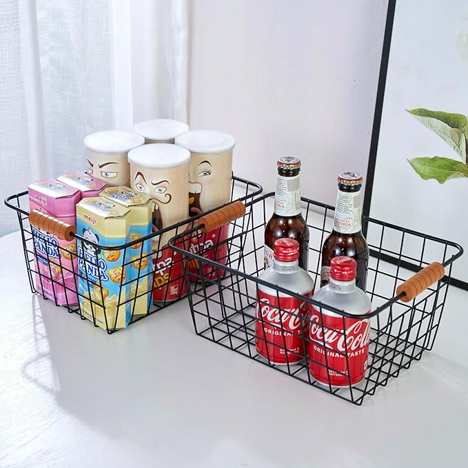 JUNCHU CHERRY【Extra Large】Wire Kitchen Storage Baskets 2 Packs,Perfect Pantry Organization Accessories Basket,Laundry Basket,Suitable for Countertop, Kitchen, Bedroom, Bathroom,Black