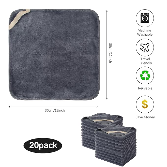 SINLAND Microfiber Facial Cloths Fast Drying Washcloth 12inch x 12inch Absorbent Face Wash Cloth Soft Makeup Remover Cloths