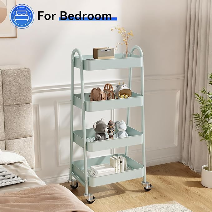 OLIXIS 4 Tier Utility Rolling Cart, Metal Mobile Storage Shelf with Lockable Caster Wheels, Organization for Livingroom, Bathroom, Kitchen, & Narrow Places, 4-Tier Green