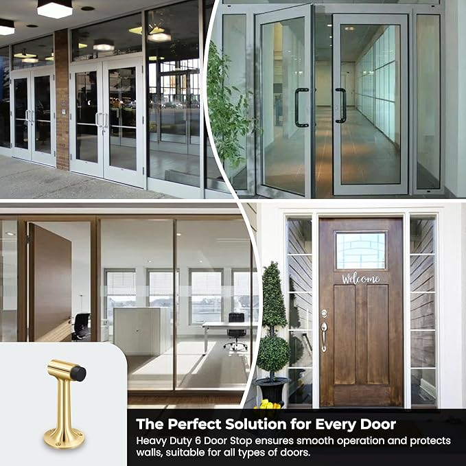 Heavy Duty 6″ Door Stop, Solid Brass Commercial Grade, Floor Mount Stopper (Polished Brass)