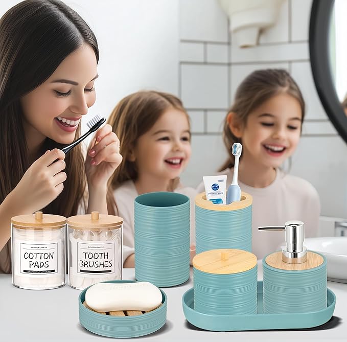 IMAVO Bathroom Accessory Set-11Pcs Blue Bathroom Accessories Set with Trash Can,Soap Dispenser,Soap Dish,Toothbrush Holder,Toothbrush Cup,Toilet Brush Holder,Qtip Holder Dispenser with Labels