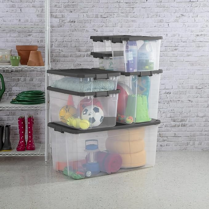 76 Quart Heavy-Duty Stacker Box – Clear Plastic Storage Bin with Secure Latch Lid, Ideal for Home, Garage, Closet & Basement Organization, Dark Gray (2)