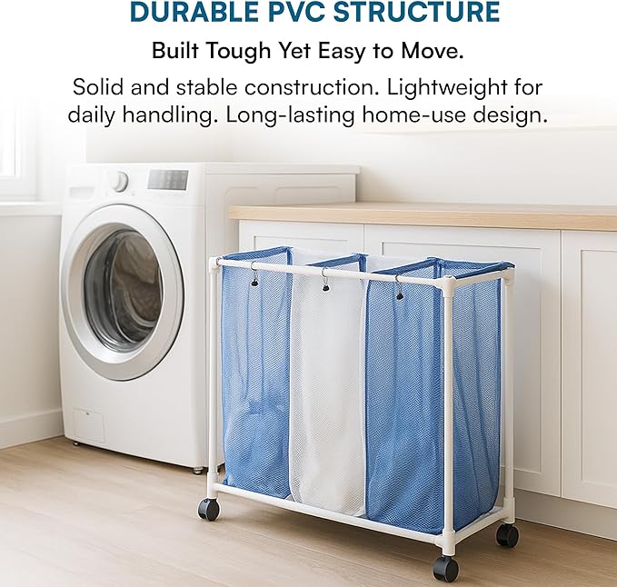 Honey-Can-Do HMP-01629 3 bag mesh laundry sorter, 30.5" x 15.3" x 30" , Blue/White