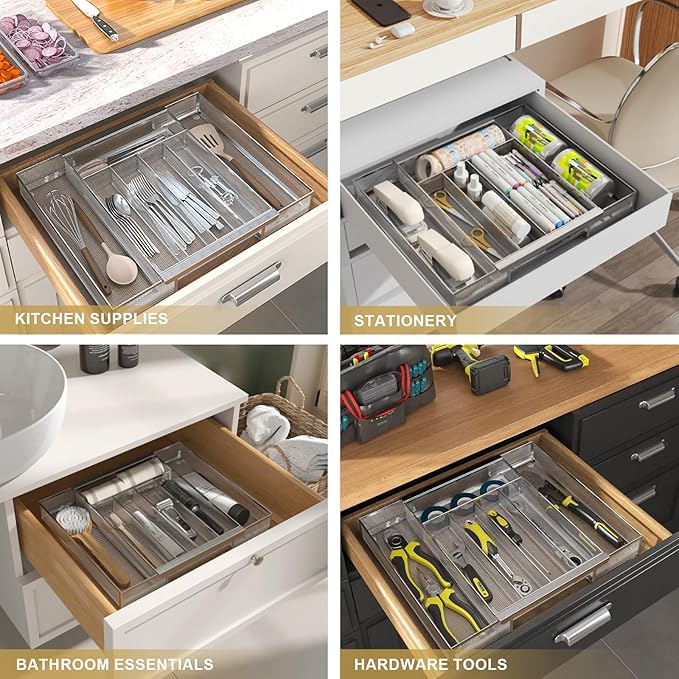 Silverware Organizer Metal Mesh, Drawer Organizer, Utensil Cutlery Tray Expandable Flatware Organizer with 7 Compartment Silver 9.6"~16.1" x 13.8"