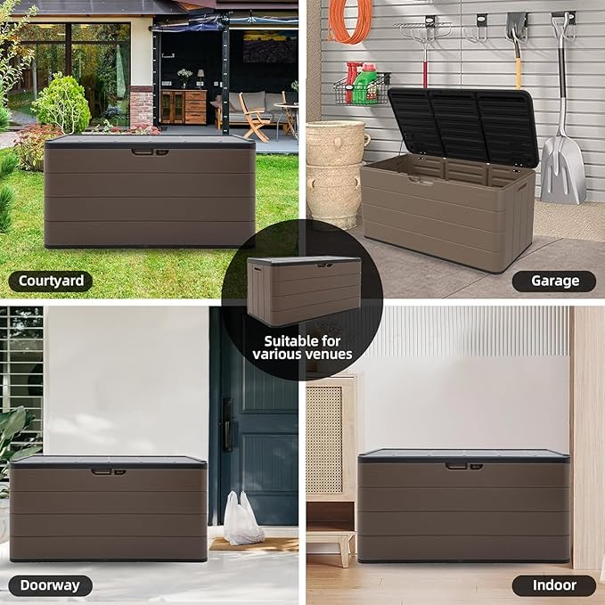 Outdoor Storage Box Waterproof, 100 Gallon Plus Lockable Resin Deck Box Large, Patio Storage Bin for Pool Accessories Cushion Furniture, Garden Tools, UV-Resistant Outside Delivery Brown