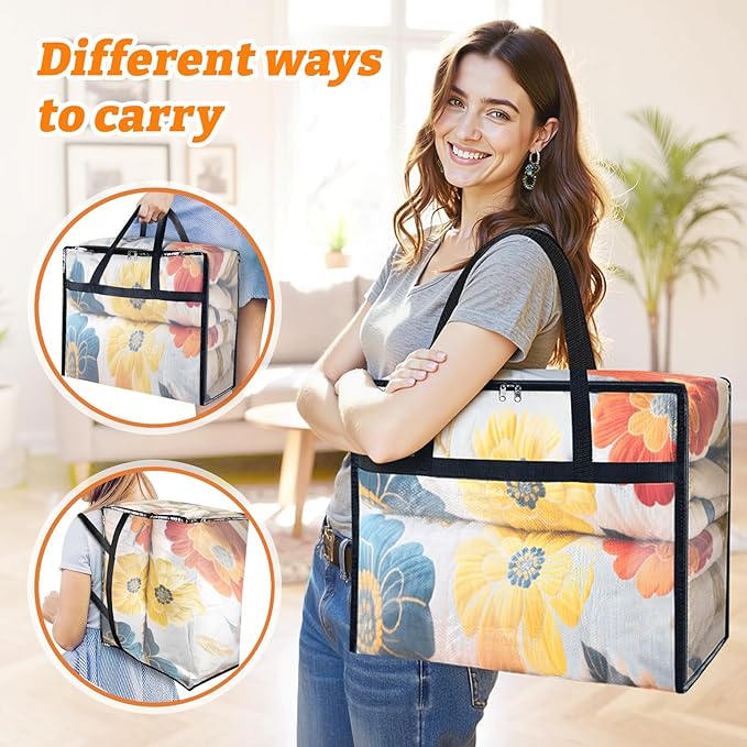 BlissTotes 6 Pack Clear Clothes Storage Bags, Moving Bags, Foldable Blanket Storage Under Bed Storage Containers with Sturdy Zipper and Handle for Clothing, Comforter, Bedding, Sheet (60L)