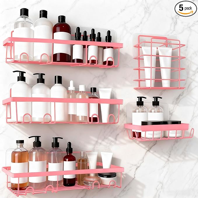 5 Pack Shower Caddy, Pink Stainless Steel Shower Shelves, Adhesive Showers Organizer, No Drilling Rustproof Bathroom Shelves with Soap Holder & Toothbrush Holder for Bathroom Home (Pink)
