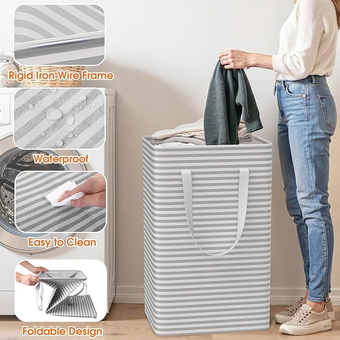 3 Pack Large Laundry Basket,Waterproof & Freestanding Laundry Hamper,Collapsible Clothes Hampers with Easy Carry Long & Reinforced Handles in Bathroom,College Dorm(125Lx3,Gray)