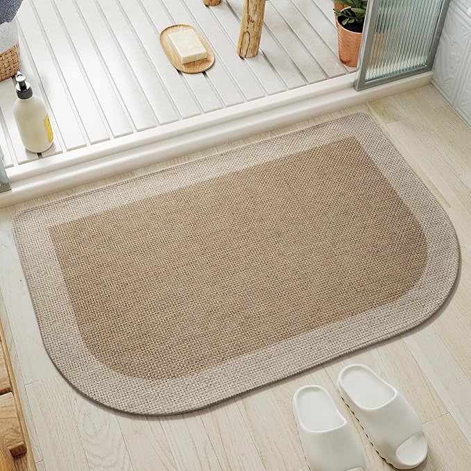 YDKGL Half Circle Bath Mat, Thin Bathroom Rugs Fit Under Door Quick Dry Non Slip Washable Bathroom Mat with Rubber Backing, Absorbent Half Round Shower Rug, Brown Beige 16x24