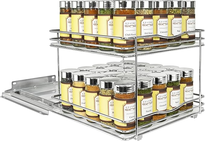 LYNK PROFESSIONAL® Pull Out Spice Rack Organizer for Inside Kitchen Cabinets - 10-3/8 inch Wide - Slide Out Drawer – Chrome Sliding Spice Organization for cabinet - Spice Racks - 2 Tier