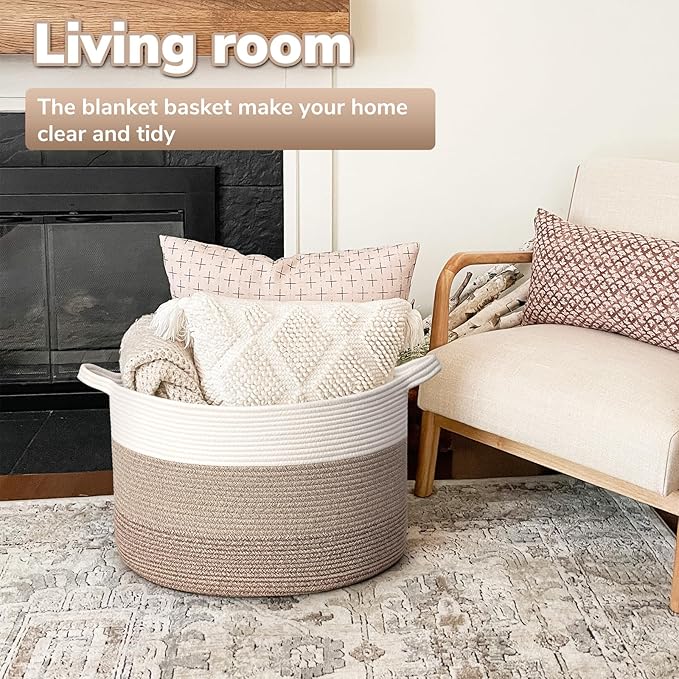 Goodpick Large Laundry Basket, Woven Rope Storage Basket for Blanket, Toy Bin for Baby Room, Nursery, Bedroom, Toys, 21.7'' x 13.8'', Light & Brown