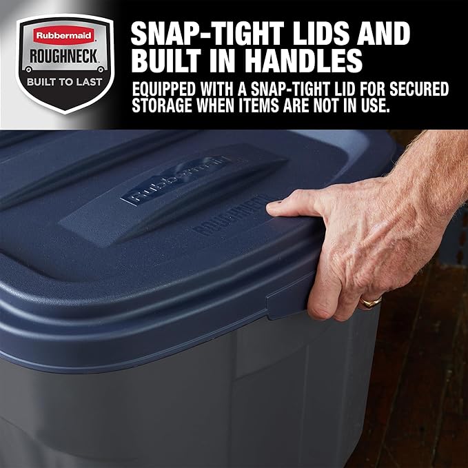 Rubbermaid Roughneck️ 50 Gallon Storage Totes, Durable, Stackable Storage Containers with Lids, Great for Home, Office, and Garage Organization, Grey Base and Dark Indigo Metallic Lid, Pack of 2, Grey and Dark Indigo Metallic, 50 Gal - 2 Pack