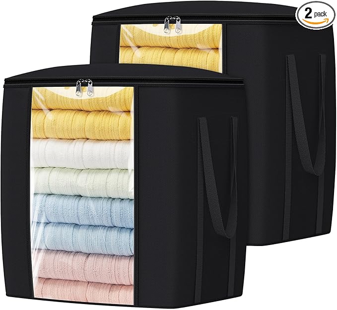 120L Extra Large Clothes Storage Bags, Foldable Blanket Storage and Organization, Thick Fabric Containers with Reinforced Handles & Zippers for Clothing, Comforters, Bedding, Black, 2 Pack