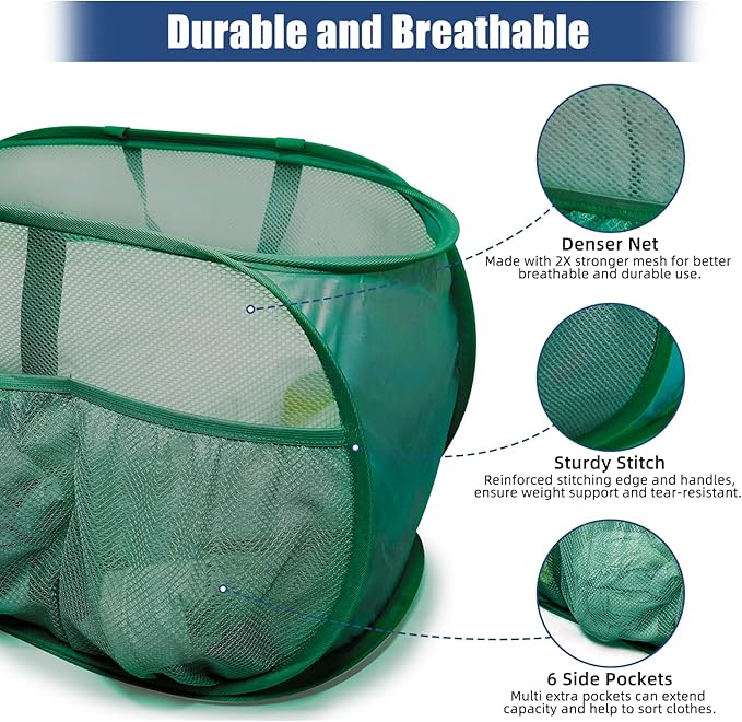 2 Pack Collapsible Laundry Baskets, Upgrade Pop Up Laundry Hamper with Convenient Bags, Foldable Laundry Basket Mesh Light Weight, Easy to Carry Clothes Hampers for Laundry, Dorm, Toys, Travel Green