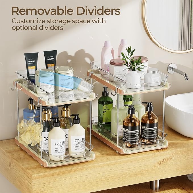 Delamu 2 Tier Bathroom Under Sink Organizers and Storage with Hook, Multi-Purpose Cabinet Drawers with Movable Dividers, Pull Out Organization for Countertop, Kitchen and Pantry(Wood Grain, 2 Pack)