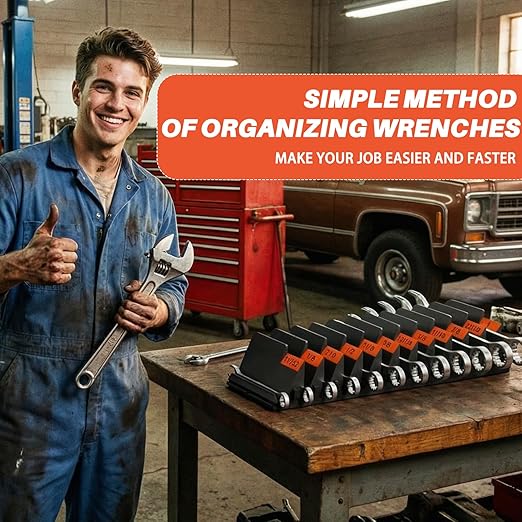 32 PCS Wrench Organizer for Tool Drawer Storage - Modular Wrench Holder with 6 Magnetic Strip, Wrench Rack with SAE/Metric Labels, Perfect Tool Gift for Mechanics, DIYers, Father, Men, Black