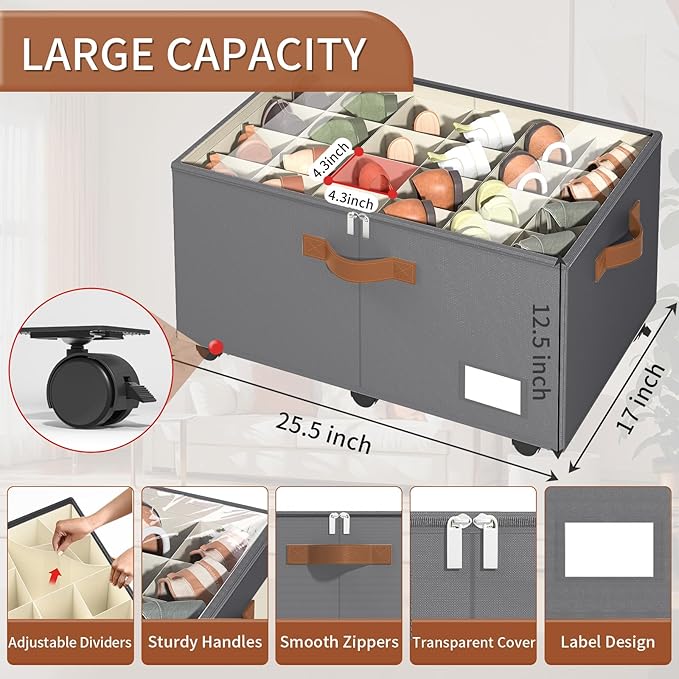 Shoe Organizer for Closet, Shoe Storage Organizer with Wheels and Adjustable Dividers, Stackable Shoe Storage Box with Clear Cover, Foldable Closet Shoe Organizer Fits up to 24-48 Pairs, Gray