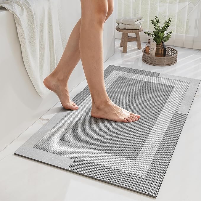 YDKGL Non Slip Bath Mat, Rubber Backing Ultra Thin Bathroom Rugs Fit Under Door Quick Dry Super Absorbent Washable Bath Rug Shower Mat for Bathroom Floor Bathtub Shower Sink, Easy Care Gray 16"x 24"