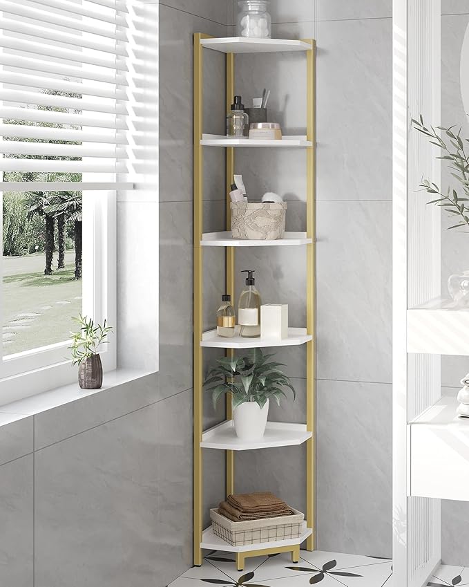 Corner Shelf Stand, Corner Bookshelf, Storage Standing Shelf Unit with Metal Frame, Plant Stand, Bookcase for Living Room, Home Office, Bedroom, 6-Tier White Gold CS06003A