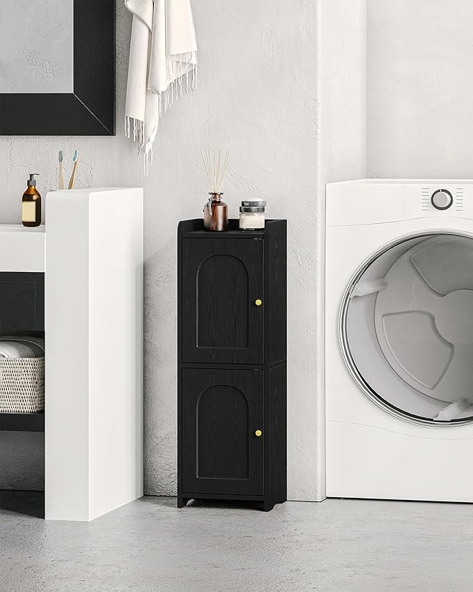 Bathroom Storage Cabinet, Small Corner Floor Cabinet with 2 Doors and Adjustable Shelf, Narrow Toilet Paper Cabinets, Bathroom Organizer for Small Spaces, 7.9" D x 9.8" W x 29.5" H Black