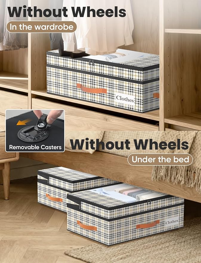 2-Pack Under Bed Storage with Wheels and 6 Vacuum Seal Bags, Adjustable Height 7.9"-10.2",63L Clear Lid Expandable Organizer for Bedding Blankets Clothes Shoes Toys, Space Saving Quick Assembly