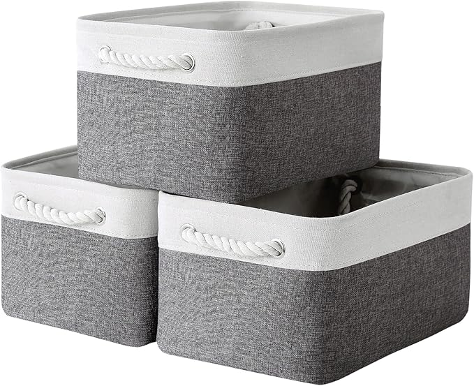 Sacyic Large Storage Baskets for Shelves, Fabric Baskets for Organizing, Collapsible Storage Bins for Closet, Nursery, Clothes, Toys, Home & Office [3-Pack, White&Grey]