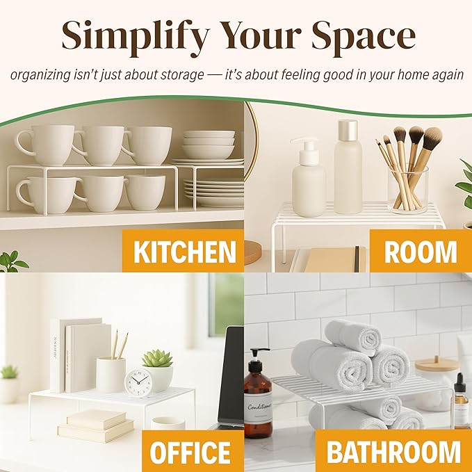Evelots Kitchen Cabinet Wire Shelf Organizer/Rack - 4 Pack Sturdy Metal Shelf Risers - Double Your Counter Space - Great for Kitchen, Freezer, Pantry and Bathroom - Rustproof - White