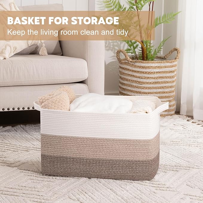 OIAHOMY Extra Large Blanket Basket, 95L Woven Storage Basket, Cotton Rope Toy Bin for Baby Room, Container for Storage in Living Room, 24''×17''×14'', Gradient Brown