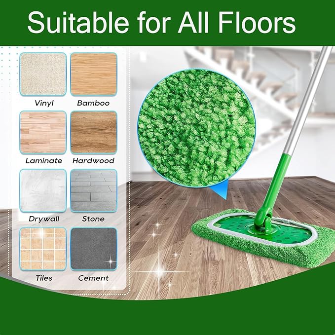 Reusable Microfiber Mop Pads Washable Wet Pads Compatible with Swiffer Sweeper Refills Pads for Wet & Dry Sweeping Cloths Mop Head Replacement for Household Cleaning(Green 6PCS)