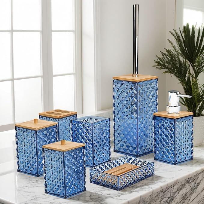 Bathroom Accessory Set,7 Pcs Blue Bathroom Set Include Soap Dispenser, Qtip Holder Dispenser, Soap Dish,Toilet Brush,Toothbrush Holder & Mouthwash Cup.Boho Bathroom Set