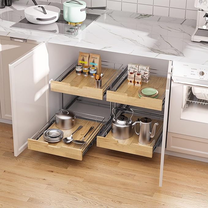 Sikarou Pull Out Cabinet Organizer,Heavy-Duty Slide Out Shelf, Wood and Wire Basket, Pull Out Drawer for for Kitchen Under Sink Space, Pantry, Bathroom, 2 Tie 14 * 21 in