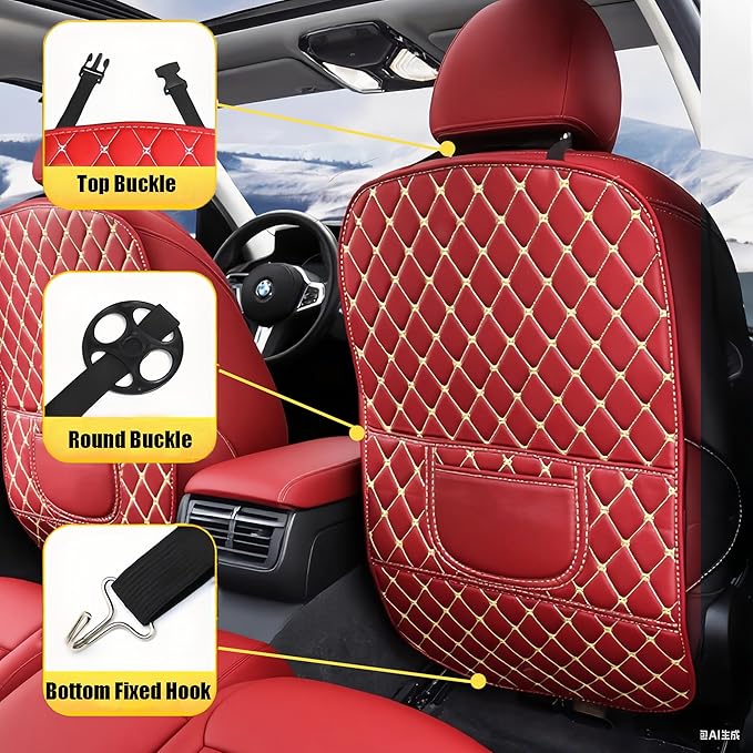 Leatherette Car Seat Protector - 2 Pack Large Car Kick Mats with Storage Pockets Organizer Seat Back Cover Against Dirty Shoes & Scratches, Universal Fit for Most Vehicles, Red