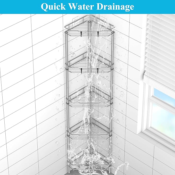 5 Tier Floor Standing Corner Shower Caddy Organizer Shelf with Hooks, Bathroom Shelves Stand Rack, Gray