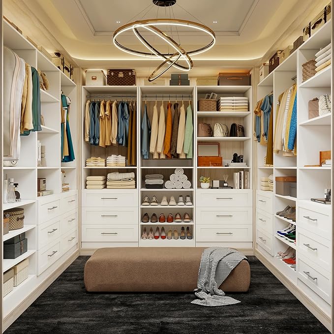 Closet System With 3 Sets, 6–16 Ft Closet Organizer System With 6 Drawers, Walk-In Closet With 9 Shelves & 5 Adjustable Hanging Rods, Customizable Modular Closet Kit, White