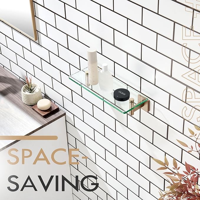 KOKOSIRI Wall Shelves Bathroom Hardware Glass Floating Shelf Small Hanging Rack Storage/Room Decor 12-Inch Champagne Bronze 2 Pack B1105CPG-L12-P2