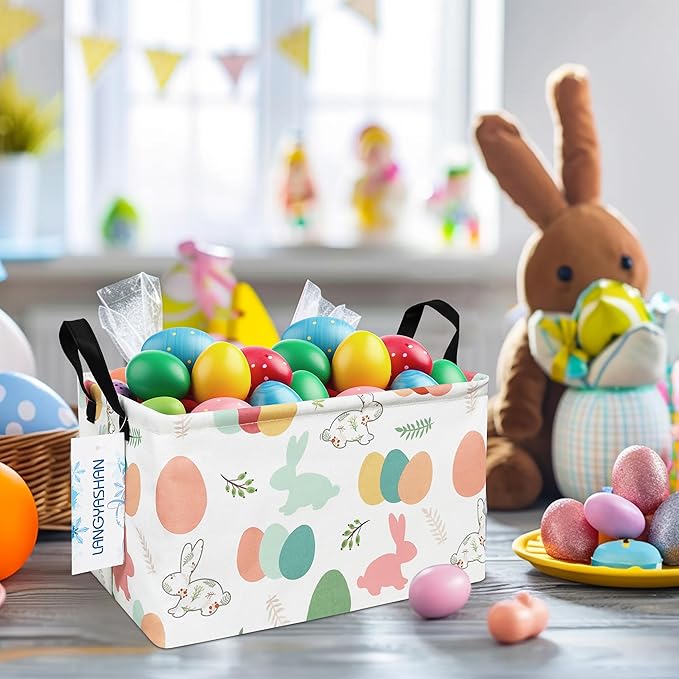 LANGYASHAN Rectangular Storage Bin Collapse Canvas Fabric Cartoon Storage Basket with Handles for Organizing Home Kitchen Boys and Girls Toys Office Closet Shelf Baskets (Rec Rabbit Easter Egg)